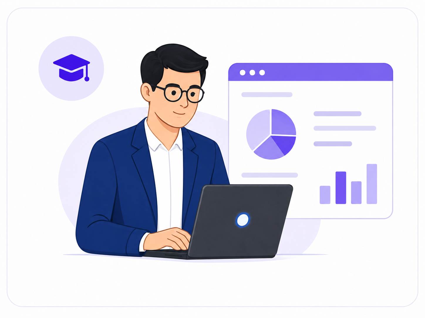 Instructor at laptop with analytics dashboard