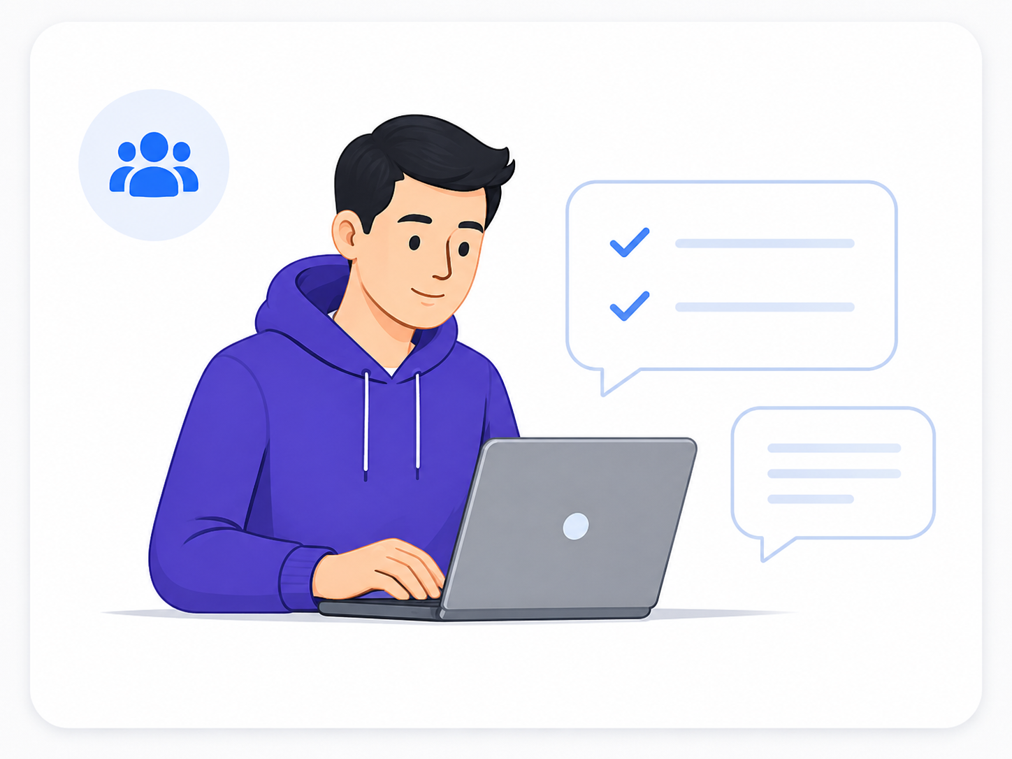 Student in hoodie at laptop with chat and task bubbles